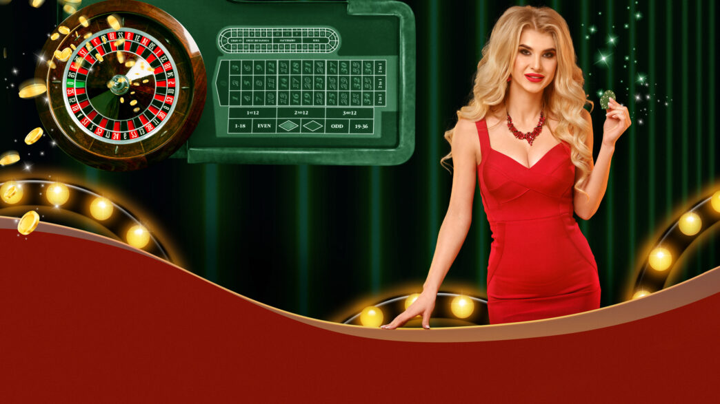 Model in red dress showing green chips, smiling. Posing on colorful background with roulette, flying coins, lights. Copy space. Poker, casino