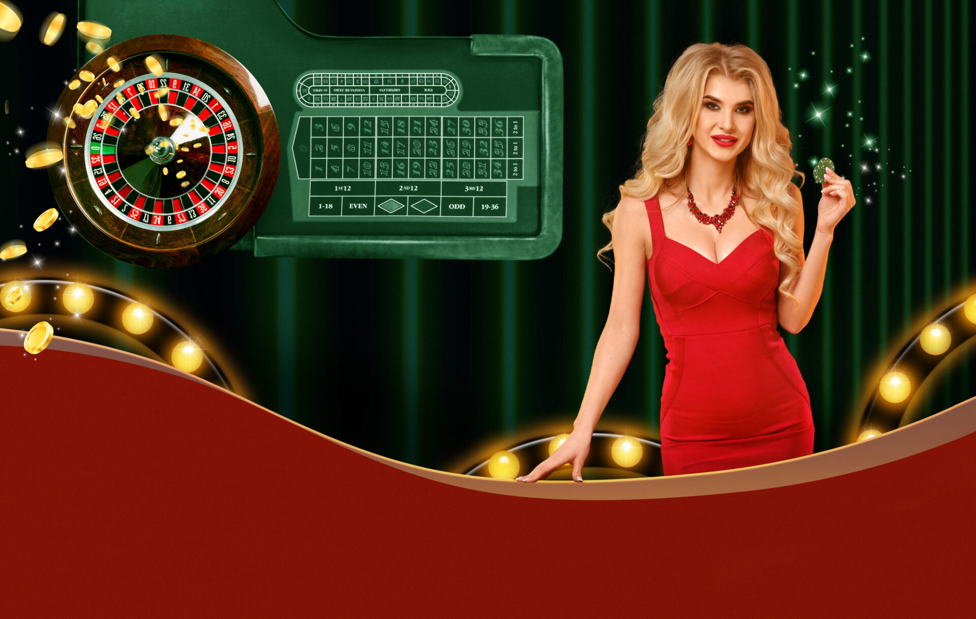 Model in red dress showing green chips, smiling. Posing on colorful background with roulette, flying coins, lights. Copy space. Poker, casino