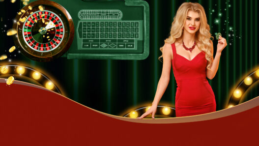 Model in red dress showing green chips, smiling. Posing on colorful background with roulette, flying coins, lights. Copy space. Poker, casino