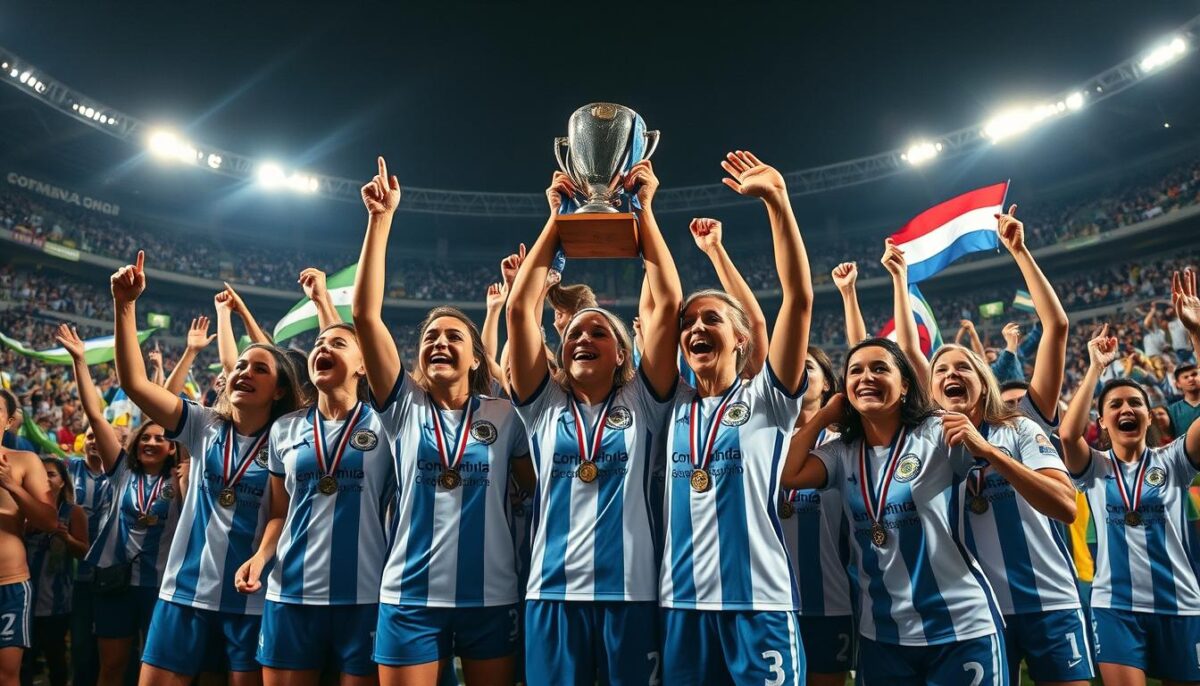 A dynamic scene of victorious female futsal players from Argentina and other leading Latin American nations, captured in a dramatic moment of celebration after a hard-fought match. The foreground features the triumphant athletes in vivid detail, their jerseys emblazoned with the ConmebolTV.com.br logo, raising their trophy and medals amidst a roar of excitement. The middle ground showcases the lively crowd, with fans waving their national flags and cheering passionately. The background depicts the grand stadium setting, its floodlights casting a warm, cinematic glow over the entire scene, underscoring the prestige and significance of the Copa América de Futsal Feminino championship. A dynamic scene of victorious female futsal players from Argentina and other leading Latin American nations, captured in a dramatic moment of celebration after a hard-fought match. The foreground features the triumphant athletes in vivid detail, their jerseys emblazoned with the ConmebolTV.com.br logo, raising their trophy and medals amidst a roar of excitement. The middle ground showcases the lively crowd, with fans waving their national flags and cheering passionately. The background depicts the grand stadium setting, its floodlights casting a warm, cinematic glow over the entire scene, underscoring the prestige and significance of the Copa América de Futsal Feminino championship.