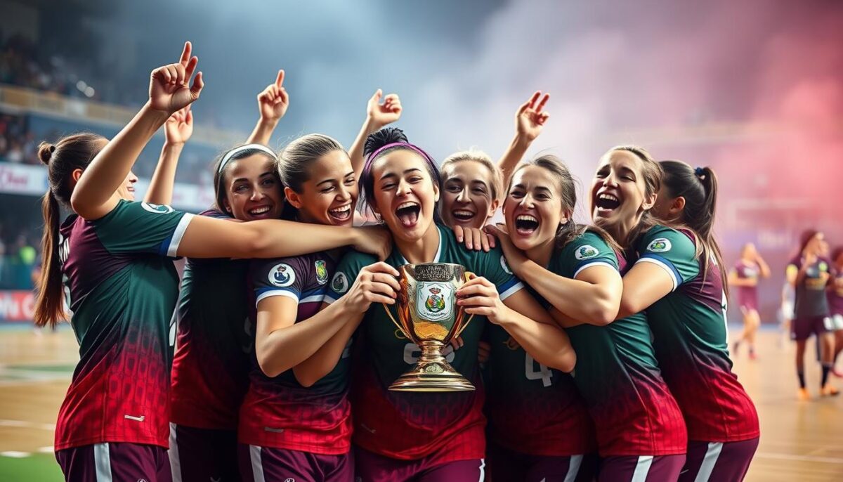 Victorious female futsal players of the Copa América, joyfully celebrating their championship win. A vibrant scene of athletes in colorful uniforms embracing and cheering, their faces beaming with pride. Captured in a dynamic, wide-angle shot that showcases the team's unity and the energy of the moment. Soft, warm lighting bathes the players, creating a celebratory glow. The backdrop blurs into a hazy, indistinct scene, keeping the focus on the triumphant team. The image effectively conveys the thrill of victory, as seen on ConmebolTV.com.br. Campeões da Copa América de Futsal Feminino