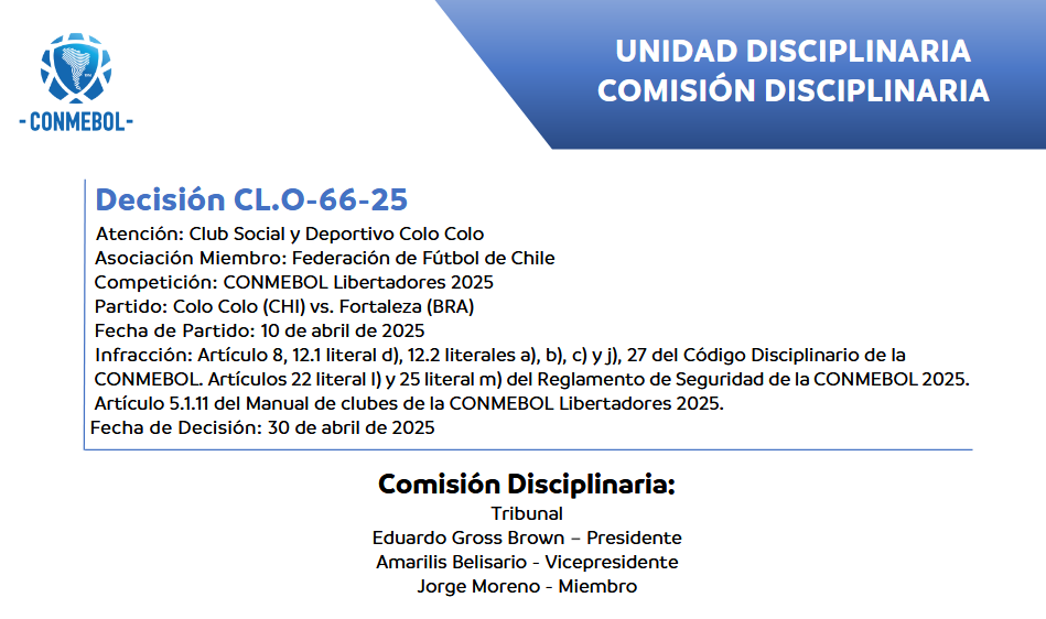 Colo-Colo x Fortaleza: CONMEBOL aplica punições pesadas por incidentes na Libertadores 2 Colo-Colo x Fortaleza: CONMEBOL aplica punições pesadas por incidentes contra o Fortaleza na Libertadores
