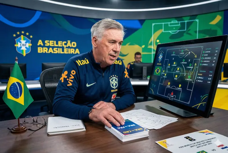 Plano fechado tático de Carlo Ancelotti, técnico da Seleção Brasileira, concentrado analisando documentos oficiais com o escudo da CBF visível, em um escritório moderno.