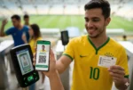 Alerta: Ingressos para Brasil x Panamá no Maracanã (Cuidado com Golpes!) 4 Close-up de um torcedor utilizando o smartphone para validação de biometria facial na catraca do Maracanã para o jogo com ingressos Brasil x Panamá.