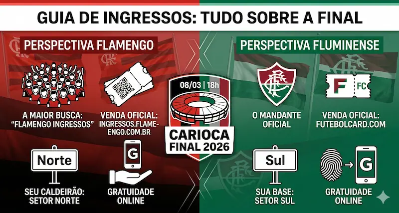 infografico ingressos flamengo x fluminense guia - Infográfico de guia de ingressos para a final do Carioca 2026, com design dividido em vermelho e preto à esquerda e verde, branco e grená à direita. O lado esquerdo mostra "PERSPECTIVA FLAMENGO" com ícones de multidão, ticket e portão Norte. O lado direito mostra "PERSPECTIVA FLUMINENSE" com ícones de logo do time, ticket e portão Sul. Ambos têm ícones de celular para "GRATUIDADE ONLINE". No centro, um badge do estádio com a data "08/03 | 18h" e texto "CARIOCA FINAL 2026". Título: "GUIA DE INGRESSOS: TUDO SOBRE A FINAL". Texto claro e legível em inglês.