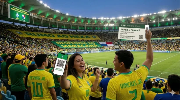 Torcedores da Seleção Brasileira no Maracanã comemorando com ingresso digital e biometria confirmada para o jogo Brasil x Panamá.