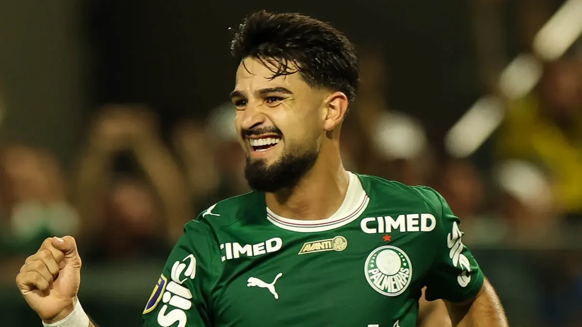 Jogador Flaco López comemora gol da vitória do Palmeiras sobre o Novorizontino na final do Paulistão 2026 na Arena Barueri.